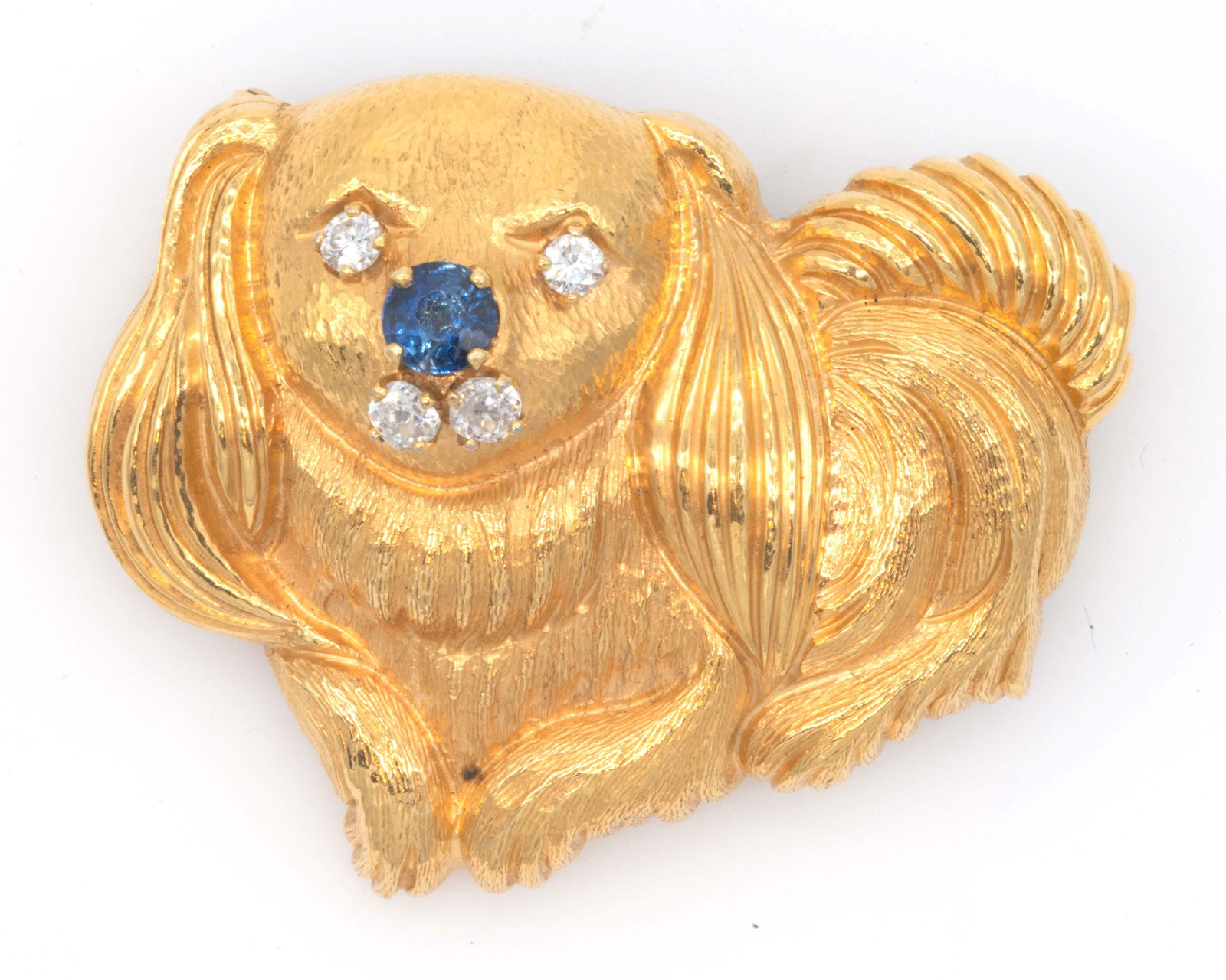 18k Yellow Gold Dog Brooch w/ Diamond & Sapphire Stone