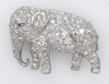 14K White Gold & Diamond Elephant Brooch Pin