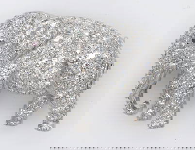 14K White Gold & Diamond Elephant Brooch Pin: 14K White Gold & Pave Diamond Elephant with ruby eye, Brooch Pin. Measures appx 1 1/8" long. Weighs appx 11.1 grams.
