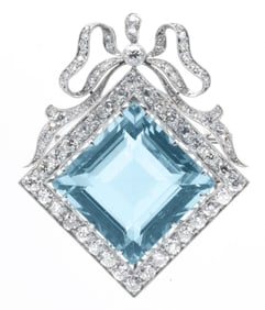 Large Aquamarine in 14k White Gold & Diamond Brooch