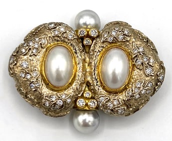 18k Gold Elizabeth Gage Arcadia Pin, Pearls & Diamonds