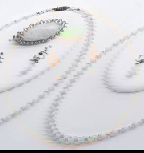 4pc Gold & Fire Opal Suite: Bead Necklace, Brooch, Earrings: Exquisite Four Piece Gold & Fire Opal Suite. To include a graduated opal bead necklace, 4mm - 8mm, 17" long with faceted gemstone rondels and a fancy marcasite barrel clasp. One 14k yellow gold and