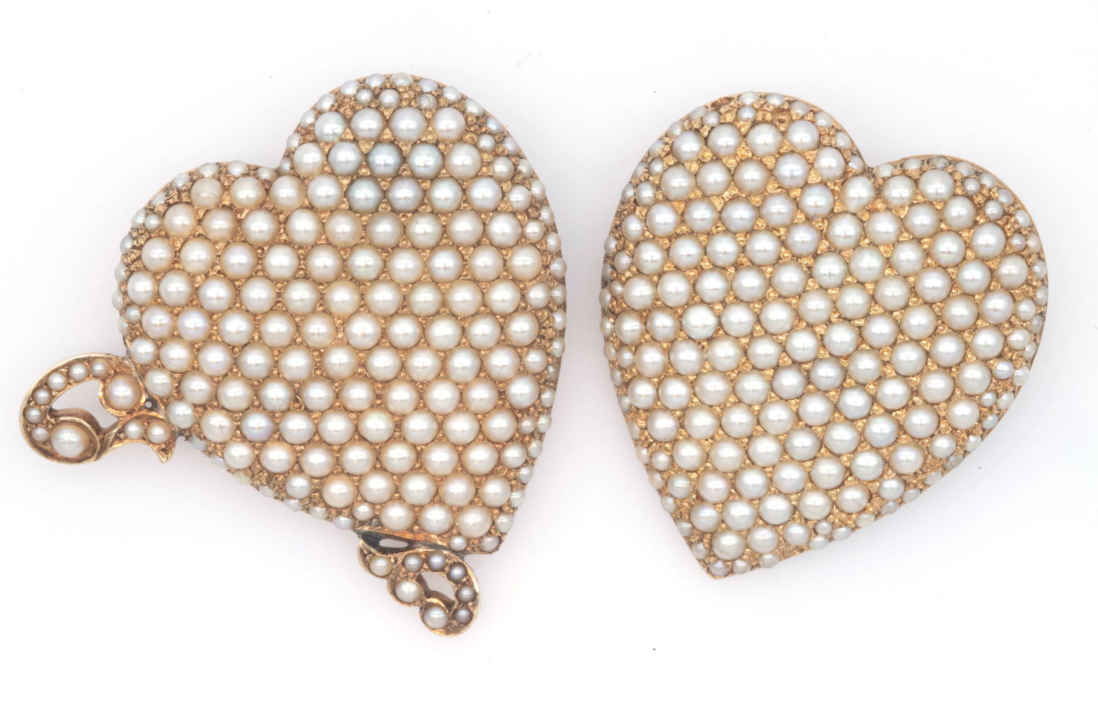 Pair of 14k Yellow Gold & Seed Pearl Heart Pins. One with swirl decorations and (1 of 4)