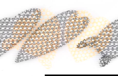 Pair of 14k Yellow Gold & Seed Pearl Heart Pins. One with swirl decorations and: Pair of 14k Yellow Gold & Seed Pearl Heart Pins. One embellished with swirl decoration, the other missing 4 small pearls. Measures appx 1 1/4" tall and weigh 18.3 grams total.