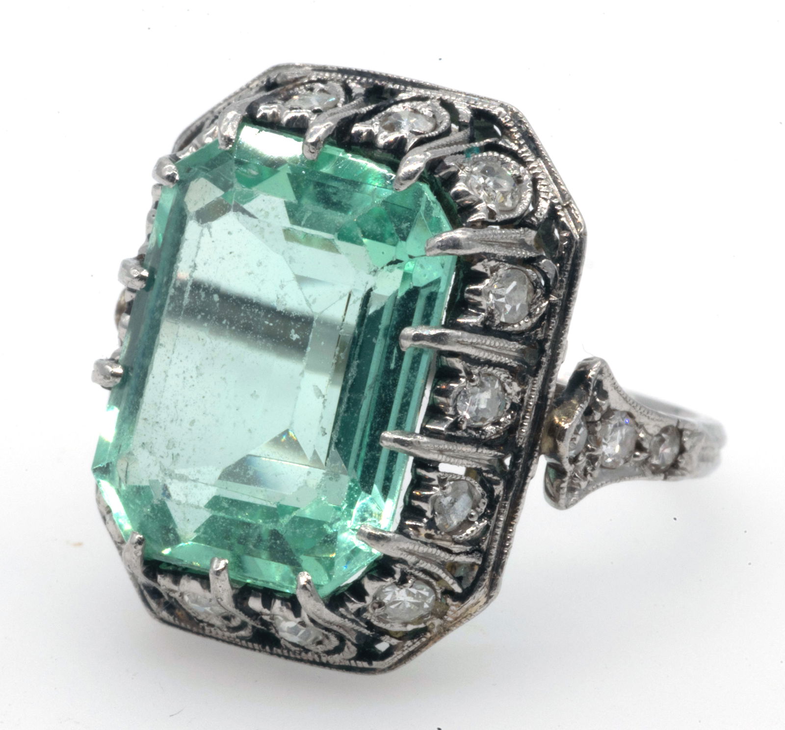 14k White Gold Ring w/ Green Beryl and Diamonds (1 of 4)