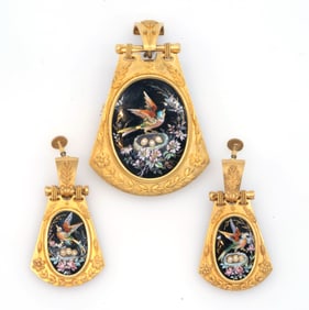 Rare 14k Gold Victorian Mourning Hair Brooch/Pin Earrings Suite