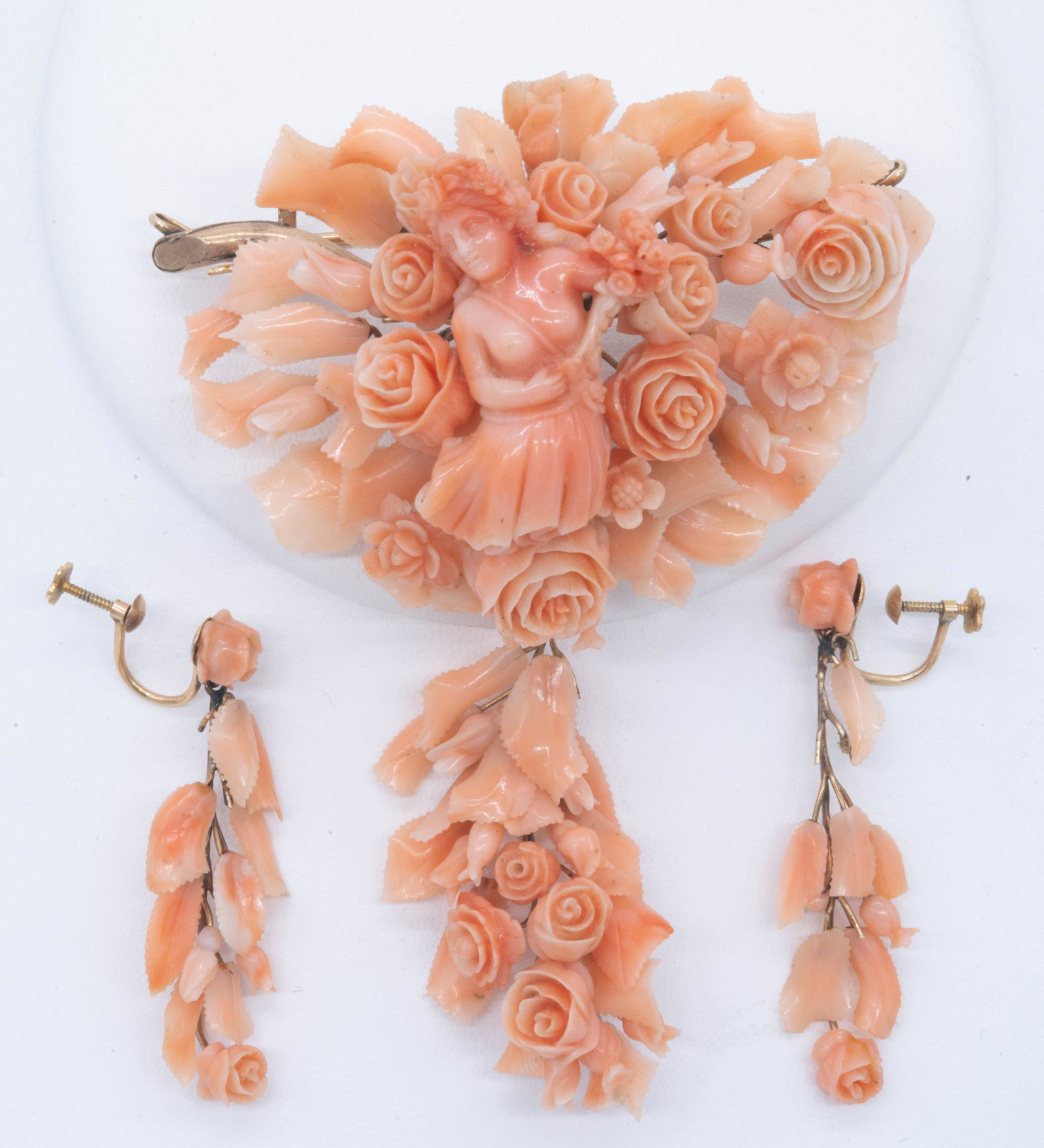 Victorian Carved Coral Floral & Female Brooch / Earrings (1 of 2)