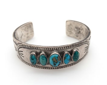 Silver Native American Cuff Bracelet with Turquoise