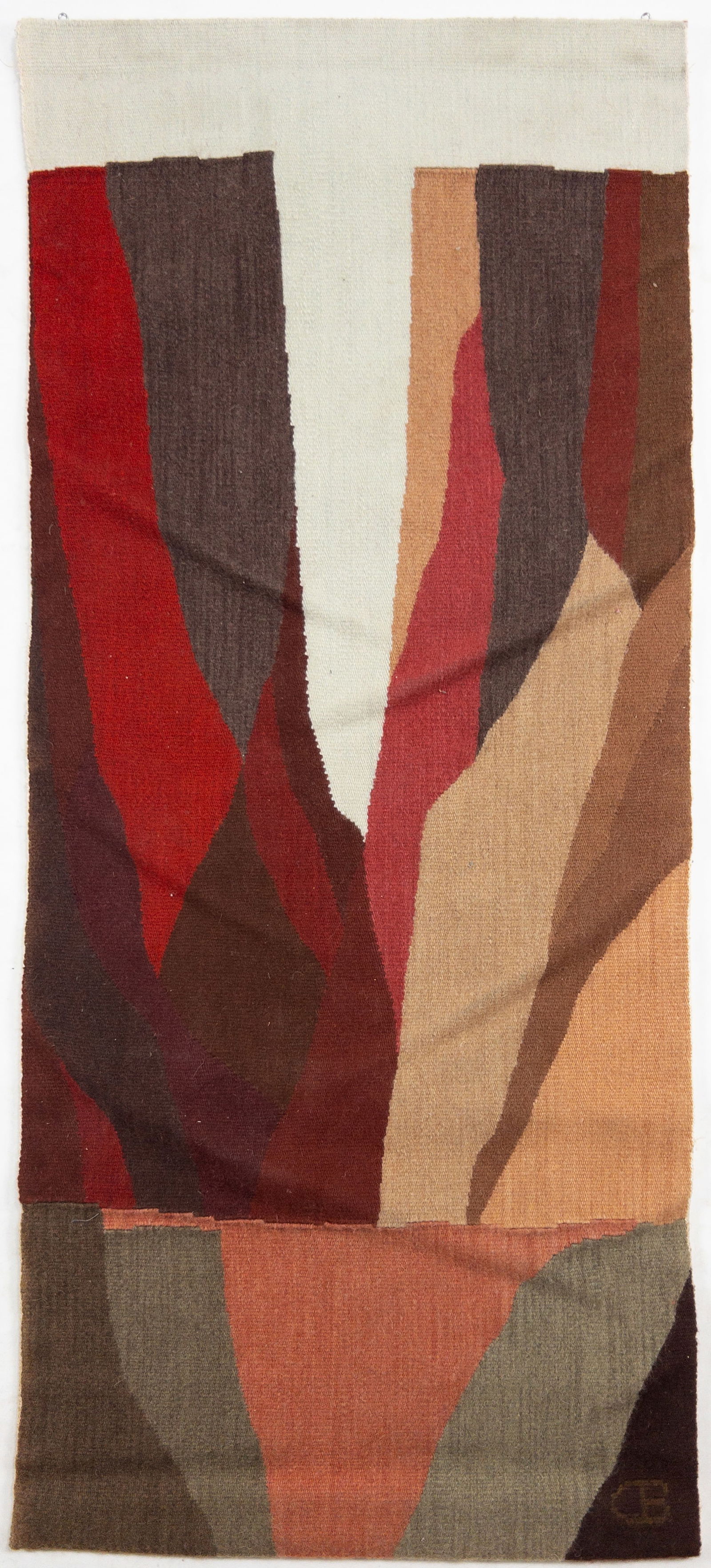 Christina Bergh Modern Woven Tapestry, 1988: Christina Bergh Modern Woven Tapestry, 1988. With COA on reverse. Signed lower right "CB". Measures appx 56" x 24". In good condition, slight wrinkling.