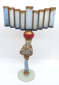 Large Art Glass Menorah with Gilt and Enamel Paint