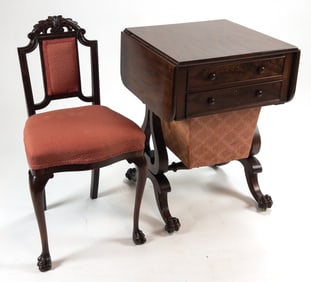 American Empire Dropleaf Mahogany Sewing Table & Chair