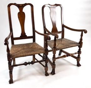 18th/19th C. Pair of American Queen Anne Armchairs with Rush Seats
