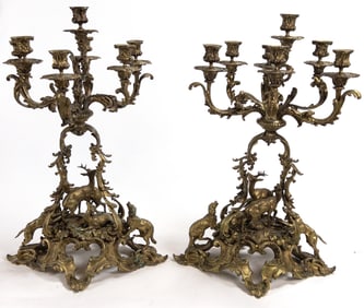 Pair of Monumental Bronze 7 Light Candelabra Hounds, Deer Hunt