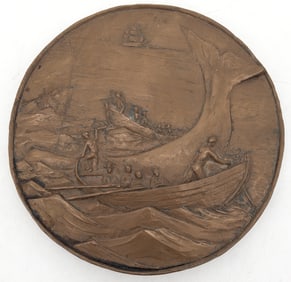 Bronze Whaling Scene, signed "JE"