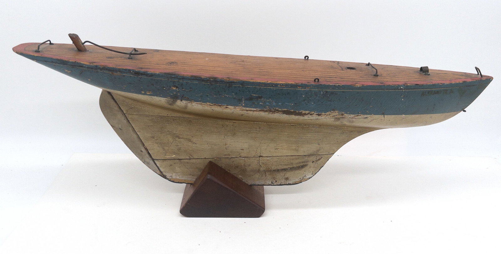 19th C. American Painted Hull Model Boat on Stand: 19th C. American Painted Hull Model Boat on Stand. Typical wear to paint. Measures appx 24 1/4" long x 9" tall at highest on stand.