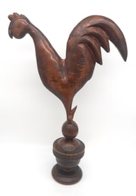 Folk Art Carved Wooden Rooster On Turned Stand