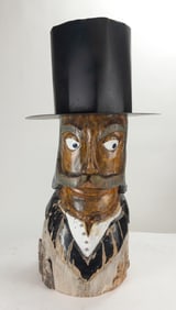 Large Folk Art Carved Wooden Painted Gentleman In Top Hat