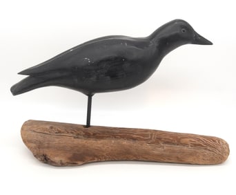 Carved Wood Black Painted Crow Decoy On Stand with Glass Eyes