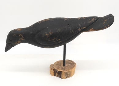 Carved Wood Black Painted Crow Decoy On Stand with Glass Eyes