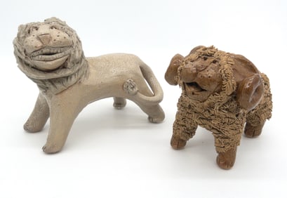 Two (2) Crystal King Southern Folk Pottery Animals, Ram & Lion