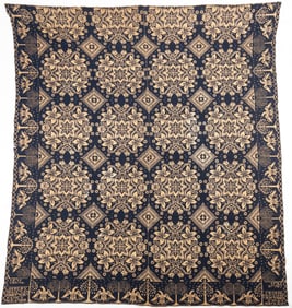 19th C. American Dark Blue and Tan Fancy Weaver Coverlet