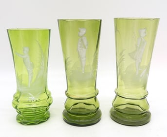 Three Mary Gregory Green Enamel Painted Glasses