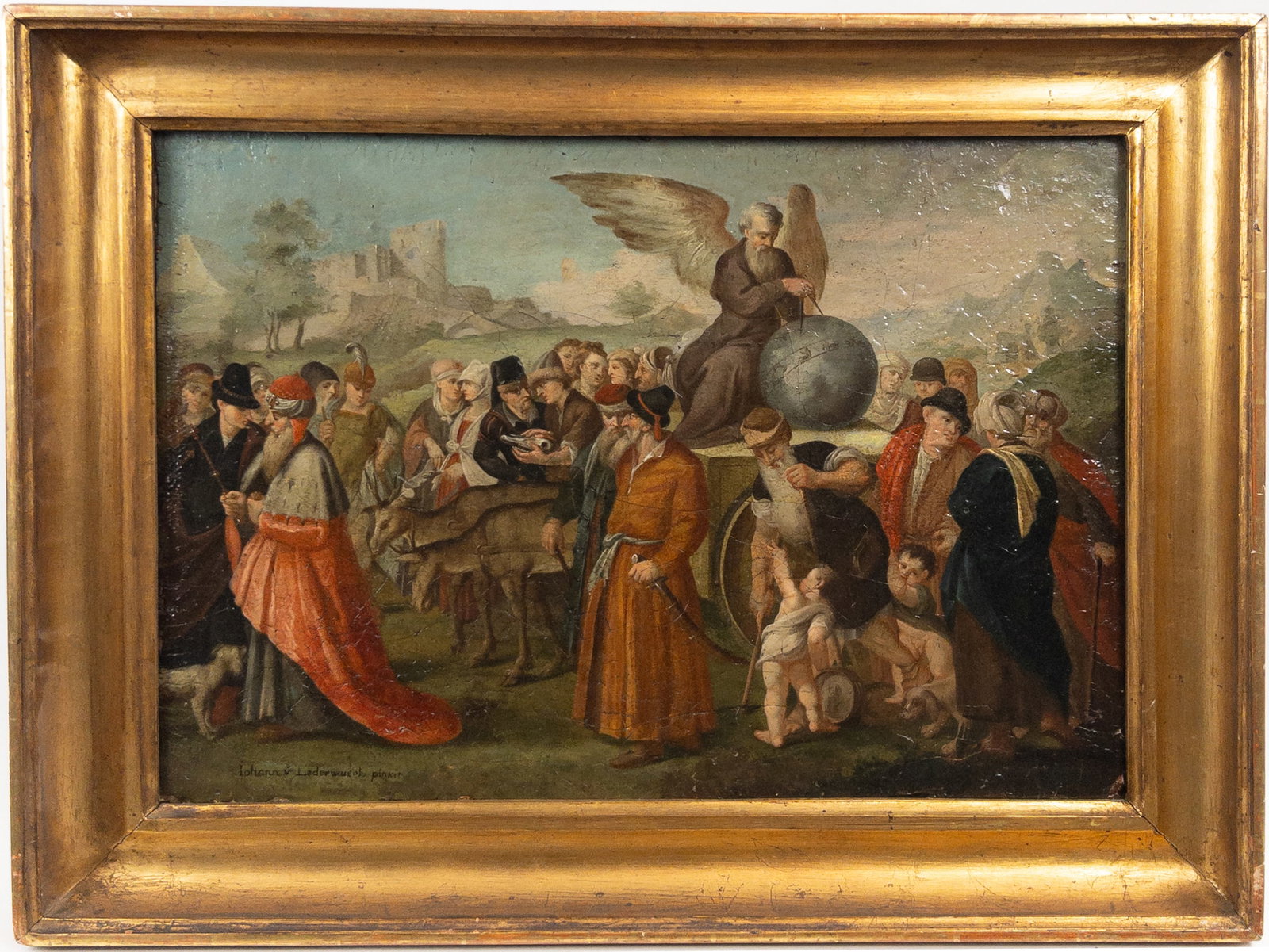 Johann Lederwasch (1755-1827) Old Master Style C. 1813 Oil On Canvas, Angel Procession: Johann Lederwasch (1755-1827) Old Master Style C. 1813 Oil On Canvas. Of angel on globe being pulled in cart through a procession. Signed lower left. The artist was ennobled in 1810 and subsequently c