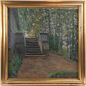 German School Cottage & Woods Oil On Canvas Painting