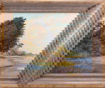 Texas lakeside scene painting, signed