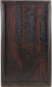 Carved Redwood Bass Relief Wood Panel of Redwood Trees