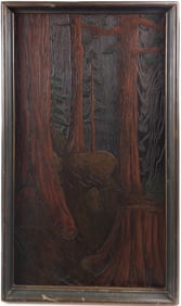 Carved Redwood Bas Relief Wood Panel of Redwood Trees