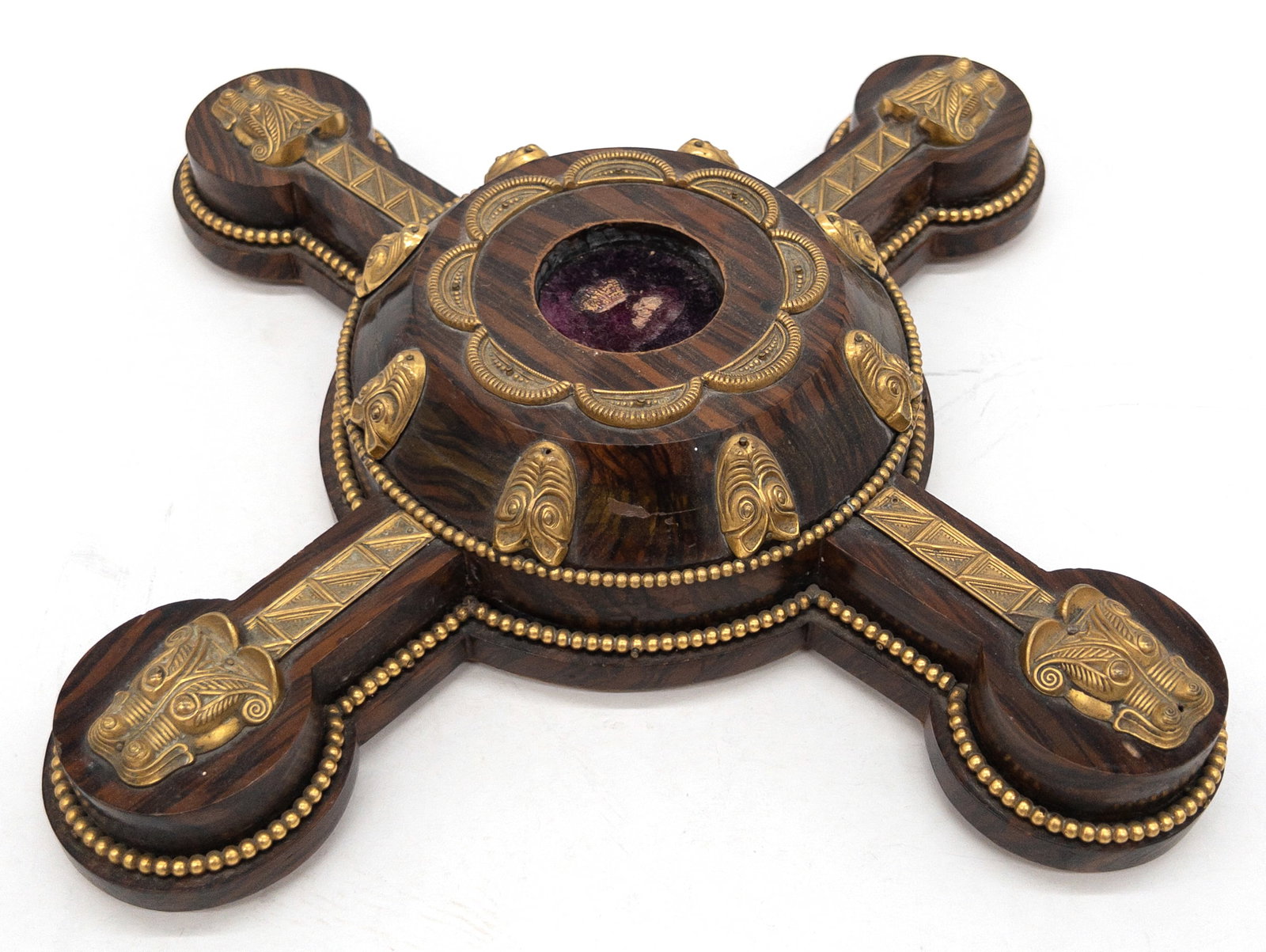 Fancy And Unusual Candlestand: Fancy And Unusual Candlestand Bronze masks and detail on crossed Faux Rosewood Base. 2 1/2" tall x 13" x 13". Very good condition.