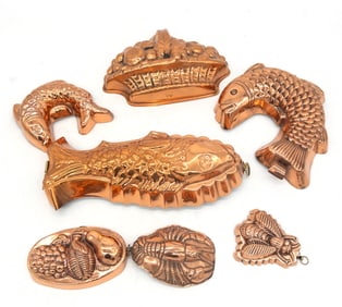 Lot of 7 Figural Copper Food Molds: Jelly, Pudding, or Cake