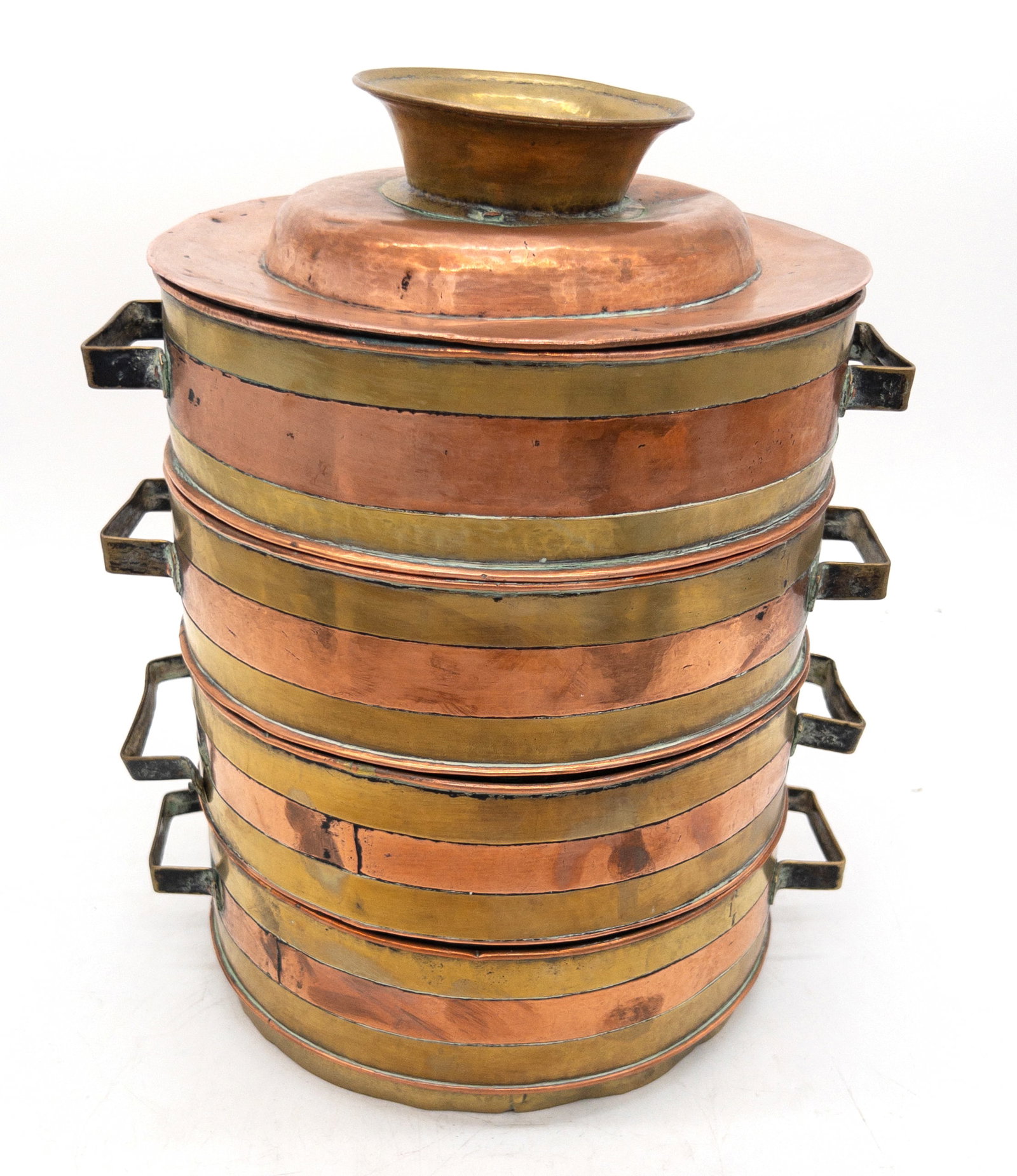 Stacking Copper & Brass Food Carrier: Stacking Copper & Brass Food Carrier, 4 levels 14" tall x 10 1/2" diameter. Good Condition