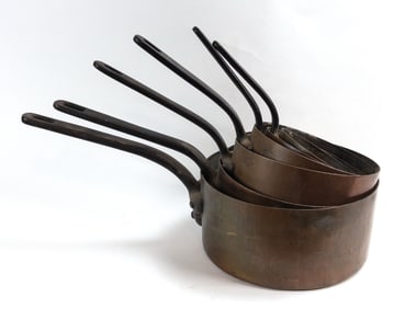 Lot of 6 Allez Freres Paris French copper pots of ascending size