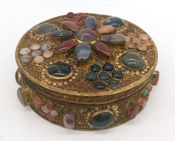 Tibetan Jeweled Filigree Metal Agate & Stone Box