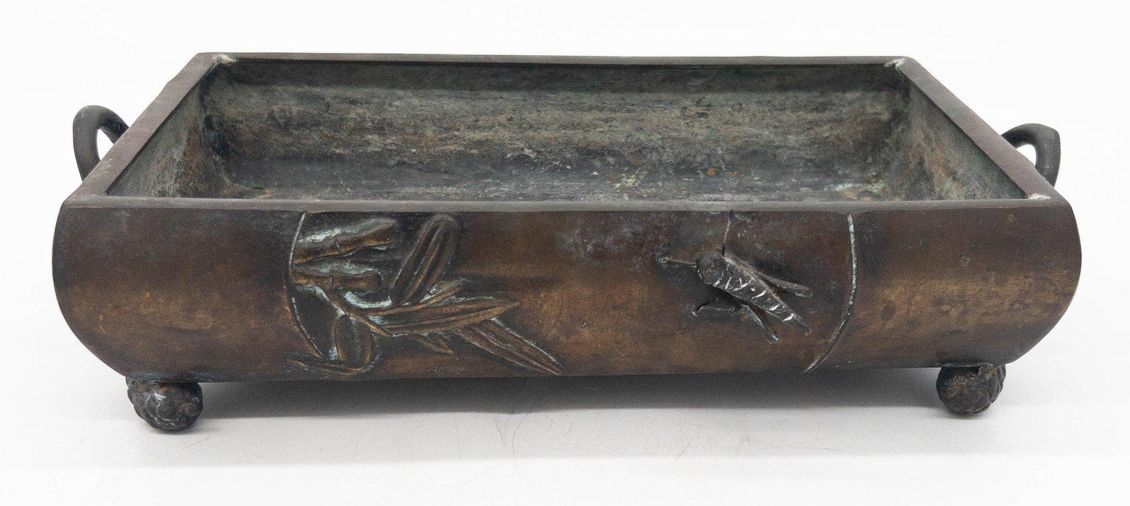 Edo Period Japanese Bronze Suiban Jardiniere: Edo Period Japanese Bronze Suiban Jardiniere. With bamboo and insect motif on pine cone feet. Marked as shown. Measures appx 3 1/8" tall x 14" wide x 8 1/2" deep.