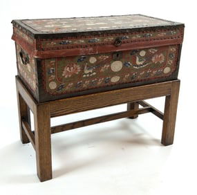 Chinese Camphorwood Hand Painted Lift Top Chest on Stand