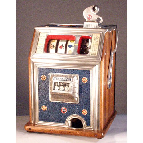 Watling 5 cent Slot Machine.: SLOT MACHINE. Watling Mfg. Five Cent slot machine. Nickle plated and decorated, oak sides with goose neck. 16" x 15" x 24". In working order with key, in very good restored condition.