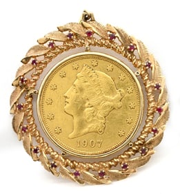 1907 Liberty Double Eagle Twenty Dollar Coin in Frame