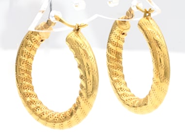 18k Yellow Gold Textured Hoop Earrings
