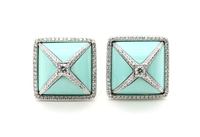 Fred Leighton 18k White Gold Diamond and Persian Turquoise Earrings