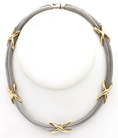 Italy 14k Yellow Gold "X's" On Sterling Silver Woven Necklace