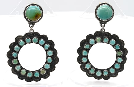 Ron Wesley Taos New Mexico Sterling & Turquoise Hoop Earrings