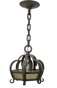 Chinese Style Wrought Iron Chandelier with Textured Glass