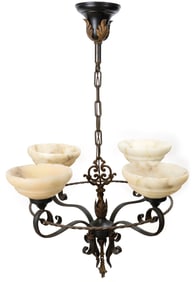 4 Light Wrought Iron Chandelier With Alabaster Shades