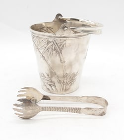 Chinese Nanking Export Silver Ice Bucket and Tongs