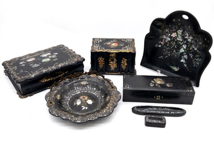 Lot of English Paper Mache with Mother of Pearl Inlay