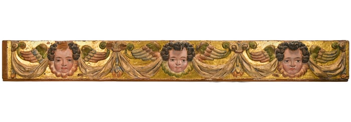 18th C. Spanish Wood Carved Painted Panel of Angel Heads