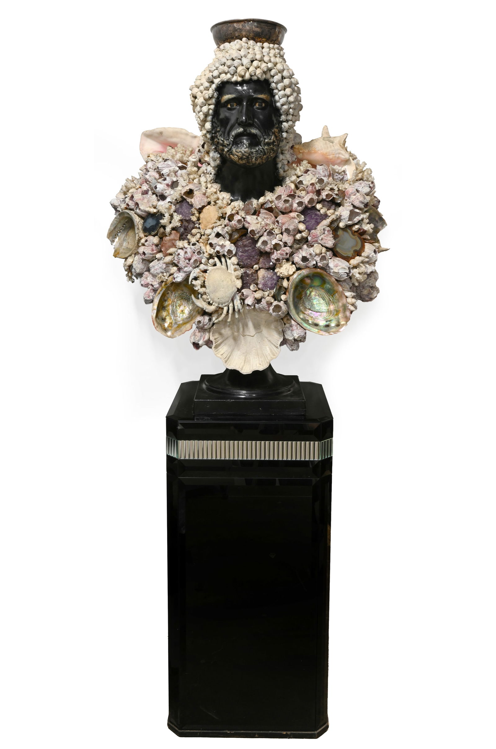 Rare Monumental Shellwork Anthony Redmile Bust of Neptune: Rare Monumental Anthony Redmile Bust of Neptune. Magnificently constructed in barnacles, abalone, shells, and crabs. With conch shell shoulders and agate and amethyst stone sections throughout. Hand p